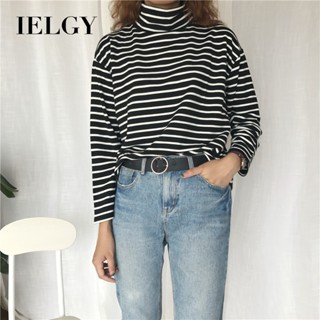 IELGY 寬鬆百搭條紋t恤長袖高領襯衫襯衫