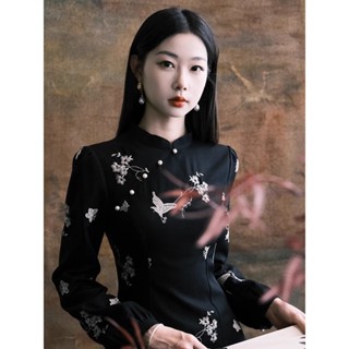秋天女裝 長袖洋裝 新中式國風[灼灼其華]複古印花旂袍女 2024年秋冬新款氣質收腰長袖連衣裙 刺繡雪紡小黑裙 現貨
