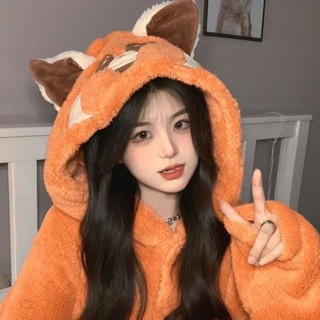 睡衣 兩件式睡衣冬季 睡袍 居傢服 保暖睡衣狐狸睡衣女冬季珊瑚絨加絨加厚保暖法蘭絨長款連帽冬天睡袍家居服