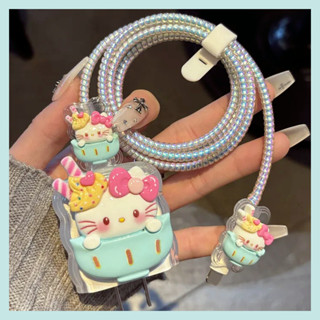 適用於 iPhone 18W/20W 的充電器外殼可愛的 Hello Kitty 西瓜旋律波邊充電保護器數據線螺旋纏繞電