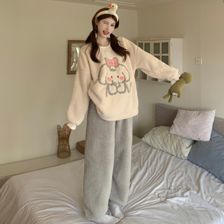[現貨]蝴蝶結小象~珊瑚絨睡衣女 冬季新款保暖韓版居家服 半邊絨加厚毛絨睡衣 可愛少女風卡通家居服兩件套裝