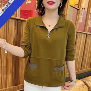 女翻領秋季長袖t恤拉鏈大碼寬鬆超大t恤媽媽顯瘦口袋上衣
