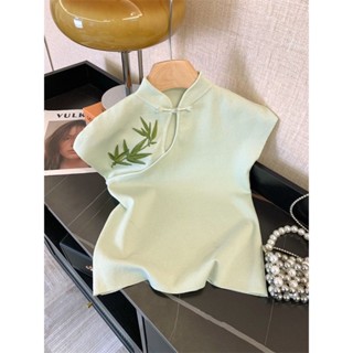 New Chinese style T-shirt新中式國風盤扣刺繡針織T恤女綠色旗袍領無袖小上衣薄荷曼波風/燕8.17