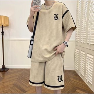 365Days-M-8XL 華夫格套裝 運動裝男 大碼套裝 運動服 寬鬆套裝 套裝男 套裝 大碼兩件套 五分褲+五分袖