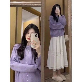 S-5XL 大尺碼毛衣 胖妹妹紫色慵懶風軟糯毛衣外套春秋冬新款寬鬆顯瘦針織開衫女