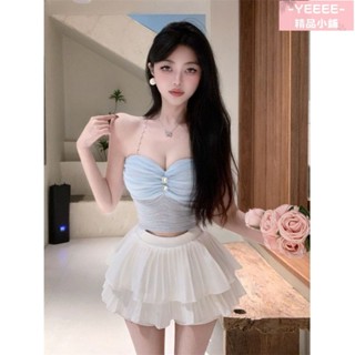 美式純欲 小香風短裙 褶皺短款 掛脖抹胸 吊帶 上衣 高腰 半身裙套裝 辣妹洋裝 性感連身裙 修身連衣裙 收腰顯瘦