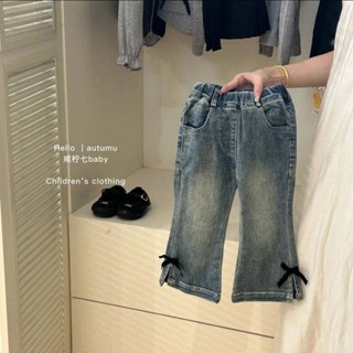 Smile Kids 女童長褲 臺灣出貨 女童褲子韓系童裝2024秋裝時尚女蝴蝶結喇叭牛仔褲洋氣百搭潮