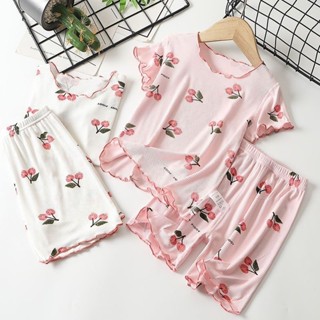 70-130cm女童冰絲睡衣套裝夏季薄款櫻桃兒童家居服套裝