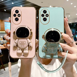 華為 Honor 200 Pro 防震電鍍手機殼保護套帶手機支架掛繩的軟矽膠可愛宇航員支架手機殼