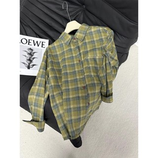【TBB】磨毛綠色格子襯衫女 春秋疊穿外穿長袖上衣 韓系BF風寬鬆顯瘦長袖襯衫外套 女裝衣服