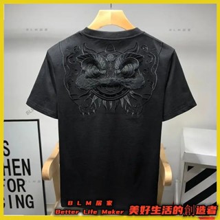 BLM【免運】 大碼短袖 男生t 上衣夏季潮牌國潮中國風醒獅刺繡短袖T恤 男小眾設計感民族風體恤半袖