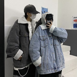 c1021--高街棉衣男寬鬆韓版潮流翻領羊羔毛棉服ins百搭加絨加厚牛仔外套店主推薦款