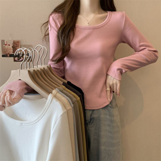 L-4XL 大尺碼2024秋裝休閒風時尚減齡純色打底衫女大碼遮肚顯瘦百搭長袖上衣潮