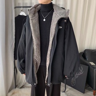 韓版男裝 防風外套夾克風衣羊羔絨外套男冬季加絨加厚工裝外套 連帽外套棉衣寬鬆帥氣男生棉襖冬裝ins棉服
