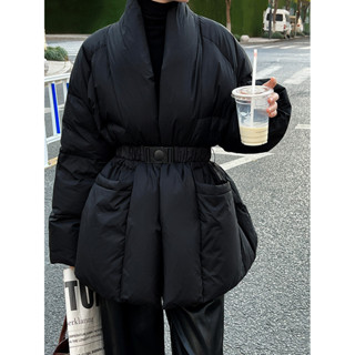 摩天大樓 國風設計感V領收腰羽絨服女慵懶白鴨絨係帶新中式外套Y