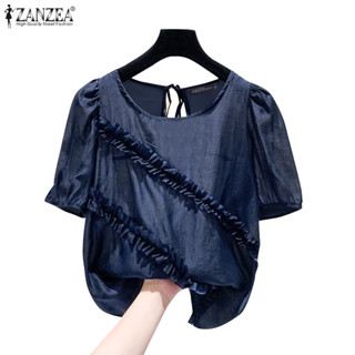 Zanzea 女式韓版休閒圓領泡泡袖繫帶寬鬆上衣