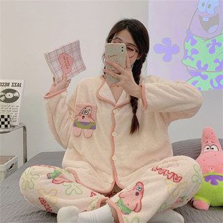 睡衣冬天 絨睡衣 冬天睡衣 法蘭絨睡衣 厚睡衣加厚睡衣女兩件套派大星秋冬加絨保暖有口袋卡通可愛可外穿家居服