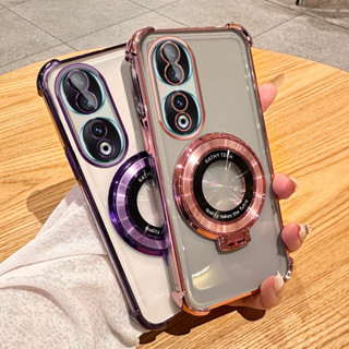 適用於華為 Honor 90 Pro 5G 手機殼的透明環形支架防震殼帶手機支架相機鏡頭膜保護膜軟矽膠手機殼保護套