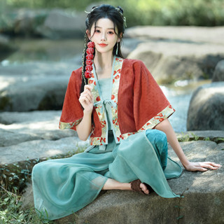 【桃喜Rich現貨】新中式女裝 新款國風刺繡提花開衫 刺繡吊帶 改良漢服上衣 寬褲裙三件套 民族風女裝 國風漢服女