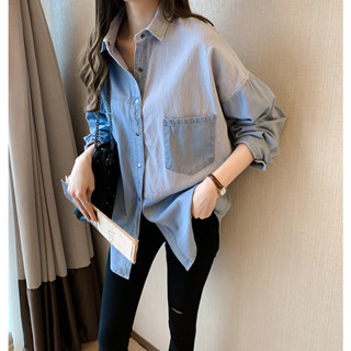 MOMO牛仔襯衫女設計感小眾長袖秋裝2024年新款寬鬆複古港味襯衣外套潮DYJ☆