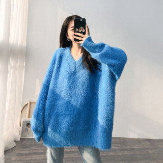 M-4XL 大尺碼加絨加厚仿水貂絨毛衣v領加大碼女裝胖mm寬松慵懶針織打底衫