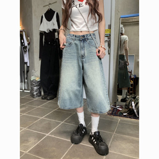 美式辣妹😎港味復古水洗闊腿牛仔七分褲女夏季薄款高腰寬鬆大碼胖mm直筒中褲 亞文化 y2k辣妹 七分褲 牛仔褲