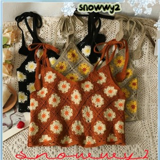 SNOWWY2花鉤針吊帶,無袖系帶復古針織鏤空背心,新建花卉刺繡系帶鉤針上衣婦女