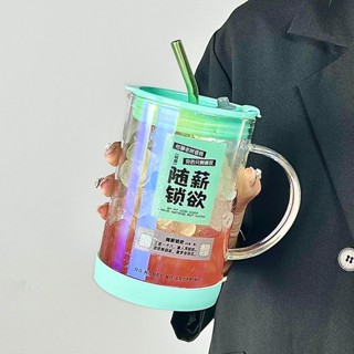 1000ml玻璃吸管杯 ins耐熱水杯 辦公室帶蓋杯子 冷飲杯 熱飲杯 咖啡杯 隨手杯 牛奶杯 早餐杯 環保杯 家用水杯