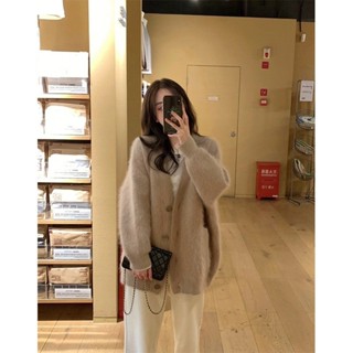 【HOT 本舖】 紫色水貂毛開衫毛衣外套女秋冬季新款溫柔韓系慵懶中長款針織
