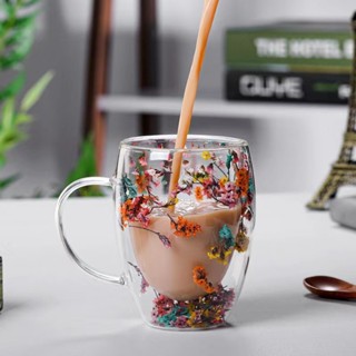 雙層玻璃真乾燥花杯耐熱水杯帶把手牛奶杯茶杯咖啡杯
