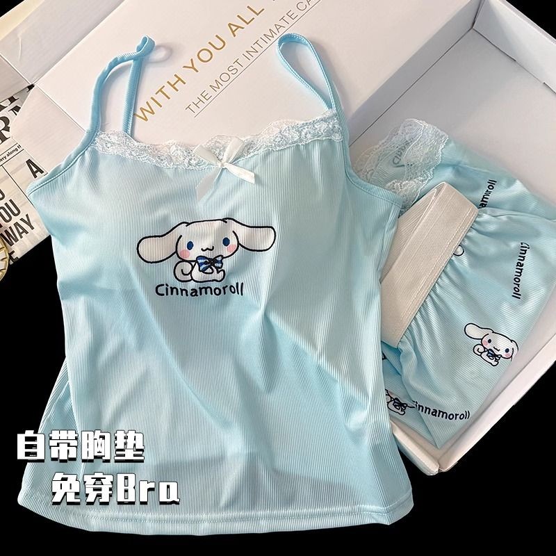 !!玉桂狗睡衣女夏季冰絲無袖吊帶背心感兩套帶胸墊家居服夏玉桂狗睡衣女夏季冰絲無袖背帶RF