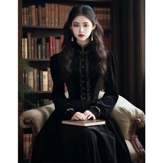 法式洋裝 絲絨洋裝 法式復古宮廷風黑色絲絨洋裝女秋冬宴會禮服高階感氣質顯瘦長裙