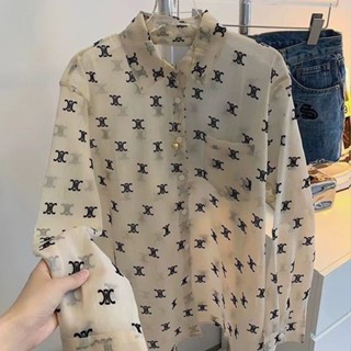 印花logo滿印長袖襯衫女薄款春夏防曬設計感小眾寬鬆休閒上衣