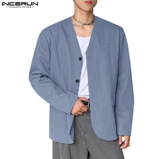 Incerun 男士韓版時尚純色休閒長袖設計西裝外套