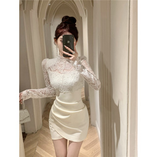 【❤️桃喜Rich 現貨】白色蕾絲旗袍 半高領長袖連衣裙 蕾絲拼接短版旗袍 設計感收腰包臀短裙 派對洋裝 小性感短洋