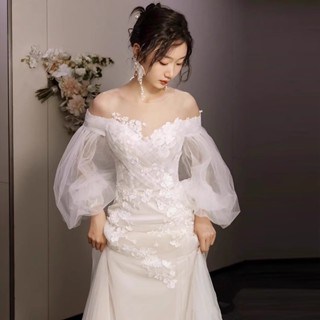 特價⚡[小編推薦][現貨][免運]法式輕婚紗2024新款新娘氣質一字肩森係超僊迎賓出門紗禮服高級感洋裝禮服
