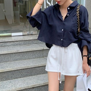 DayDay少女｜法式~氣質薄款長袖襯衫 寬鬆短版防曬衫 女生上衣