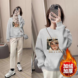 胖胖美依 M-3XL 大碼女裝 印花T卹 長袖T卹 加厚保暖 中大尺碼 新款加絨無帽圓領長袖套頭加絨外套1702.