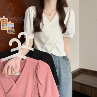 特大碼300斤高腰短款T恤女設計感小眾交叉V領短袖別緻上衣潮ins夏短袖t恤 寬鬆短袖 韓版t恤 大碼女裝 【PAPA】