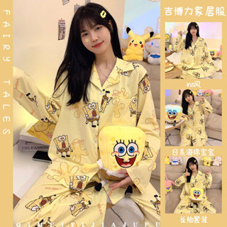 c0831--ins風睡衣女秋季新款卡通可愛海綿寶寶學生寬鬆長袖家居服套裝潮女居家必備店主自留款哦