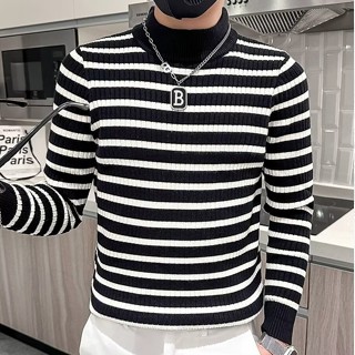 秋冬季中高領毛衣 男裝 高階感潮牌條紋上衣 內搭/加厚/保暖/ 針織打底衫