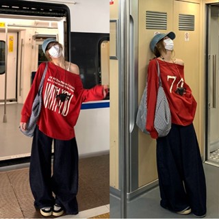 Y2k露肩前後印花長袖t恤2024秋季女裝時尚兩面寬鬆上衣