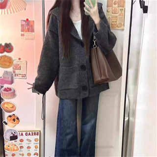 M-10XL 大尺碼毛衣外套女 胖mm秋冬慵懶風連帽針織開衫女新款韓系寬松毛衣女
