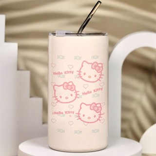 愛心凱蒂貓水壺 hello Kitty保溫杯 ins小眾咖啡杯 兩用帶蓋吸管杯 金屬不鏽鋼冰霸杯
