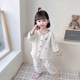 女童長袖睡衣 Girls' long sleeved pajamas 女童可愛鴨子睡衣小女孩春秋開襟長袖圓領套裝兒童家居