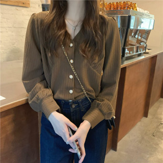 實拍實價！法式氣質V領打底襯衫女韓版複古設計感小眾長袖上衣潮