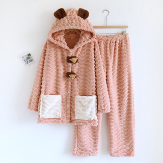 秋冬季保暖女生睡衣女法蘭絨睡衣居家服套裝 冬季毛絨珊瑚絨加厚連帽外穿家居服套裝