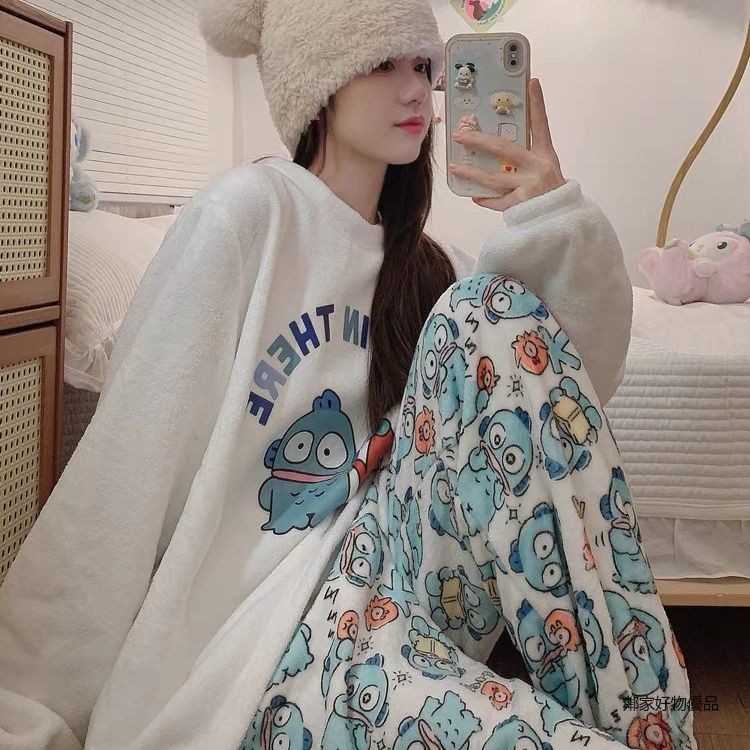 限時免運 小漢頓醜魚睡衣睡褲女款套裝珊瑚絨秋冬季卡通加絨加厚日系家居服 醜魚 漢頓 人魚漢頓 家居服 睡衣 居家服