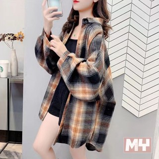磨毛加厚毛呢格子襯衫女寬鬆中長款秋冬季新款港味百搭襯衣外套潮 襯衫女長袖 毛呢格子襯衫外套 秋冬襯衫外套【MY】