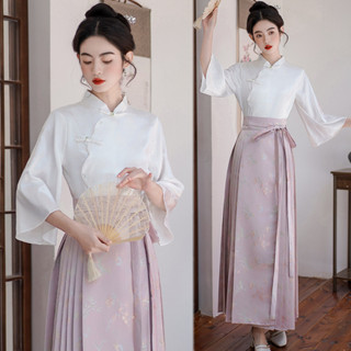 【桃喜Rich現貨】提花馬面裙 新中式改良漢服 國風立領提花襯衣女 搭配粉色馬面裙 日常高階氣質馬面裙兩件套 漢元素